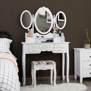 Costway Dressing Table with Vanity Mirrors and Cushioned Stool-White
