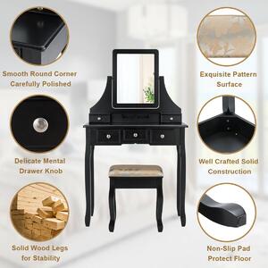 Costway Vanity Table Set with 5 Drawers and Square Mirror-Black