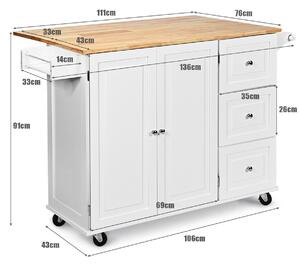 Costway Kitchen Island Cart on Wheels with 3 Drawers and 2-door Cabinet-White