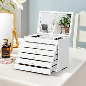 Costway Wooden Jewellery Box with 5 Drawers and Mirror-White