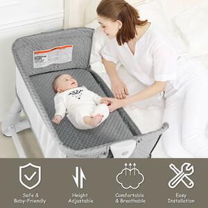 Costway Baby Bedside with Washable Mattress and Breathable Mesh-Grey