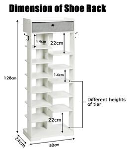 Costway 7+6 Tier Wooden Shoe Rack with Drawer and Hooks-White