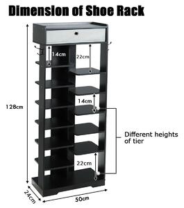 Costway 7+6 Tier Wooden Shoe Rack with Drawer and Hooks-Black