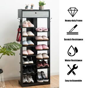 Costway 7+6 Tier Wooden Shoe Rack with Drawer and Hooks-Black