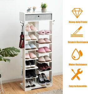Costway 7+6 Tier Wooden Shoe Rack with Drawer and Hooks-White