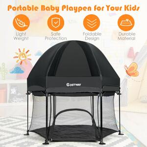 Costway Portable Baby Playpen with Breathable Mesh and Removable Canopy-Black