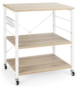 Costway 3 Tier Rolling Kitchen Baker's Rack with Adjustable Shelf and Hooks-Natural
