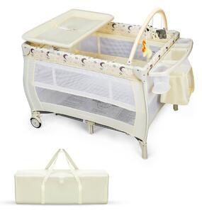 Costway 3 in 1 Convertible Bassinet Cot with Changing Table and Toy Bar-Beige