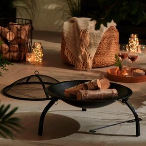 Portable Fire Pit 56cm with Lid and Collapsible Legs Black