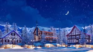 Photography Snowbound alpine mountain town at winter night, Marseas