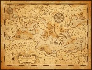 Map Old vintage map of Mediterranean sea, pirate sail, seamartini