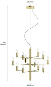 Brass-coloured chandelier Tadina, twelve-bulb