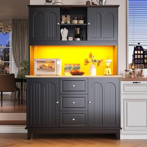 Tall Kitchen Sideboard Cabinet with App-Controlled Changing LED Lighting, Cupboard with Open Display Shelf, 120L x 40W x 180H cm, Black Aosom UK