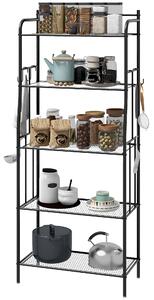 HOMCOM 5-Tier Kitchen Storage Unit, Microwave Stand with 5 Mesh Open Shelves and 4 Hooks, Modern Coffee Bar Station with Steel Frame for Living Room, Black