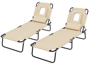 Outsunny Outdoor Foldable Sun Lounger Set of 2, 4 Level Adjustable Backrest Reclining Sun Lounger Chair with Pillow and Reading Hole, Brown