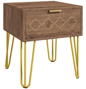 HOMCOM Bedside Table with Drawer, Wooden Nightstand, Modern Sofa Side Table with Gold Tone Metal Legs for Living Room, Bedroom