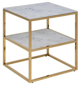Arcata White Marble Glass Shelves Bedside Table With Gold Frame