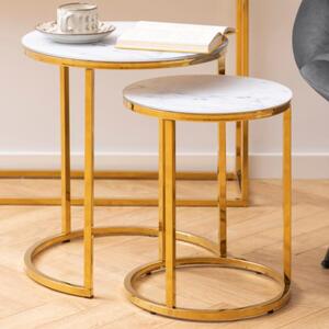 Arcata White Marble Glass Nest Of 2 Table Round With Gold Frame