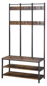 HOMCOM Coat Rack Stand, Free Standing Hall Tree, Coat Stand with Hooks, Bench and Shoe Rack, 100cm x 40cm x 184cm, Rustic Brown and Black