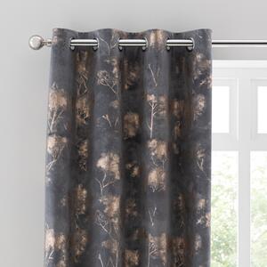 Velour Tree Print Charcoal Eyelet Curtains Charcoal/Gold