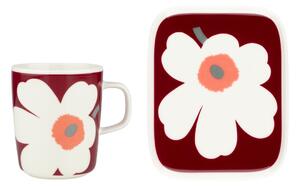 Marimekko Unikko 60th anniversary mug 25 cl + plate 12x15 cm White-dark cherry-ash grey