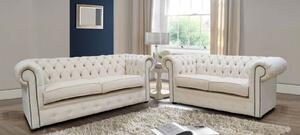 Chesterfield Handmade 3+2 Seater Sofa Suite Pimlico Cream Fabric In Classic Style