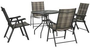 Outsunny 5 Pcs Rattan Dining Sets Garden Dining Set w/ PE Rattan Folding Armchair, Round Glass Top Dining Table with Umbrella Hole, Mixed Grey