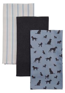 Set of 3 Dogs Tea Towels Blue/Beige/Black