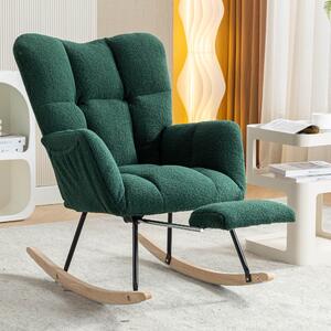 Modern Teddy Fabric Tufted Upholstered Rocking Chair with Pull-out Footrest, Ergonomic Backrest, Perfect for Relaxing, 80x70x95 cm, Green Aosom UK