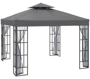 Outsunny Patio Gazebo 3 x 3m, Garden Pavilion Tent Shelter with 2 Tier Roof, Mosquito Netting, Steel Frame, Grey