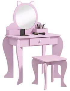 ZONEKIZ Children's Vanity Set with Mirror, Stool, Cat Theme, Drawer, Organiser Boxes for Ages 3-6, Pink Aosom UK