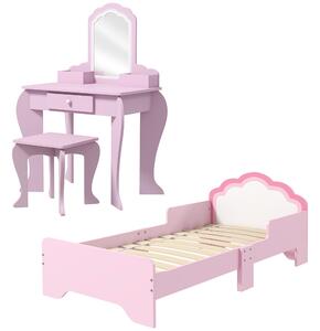ZONEKIZ Cloud-Design Wooden Bedroom Furniture Set for Kids, Includes Dressing Table, Stool, Bed, 3-6 Years