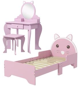 ZONEKIZ Wooden Children's Bedroom Set with Dressing Table, Stool, Bed, Cat Motif for Ages 3-6, Multicolour