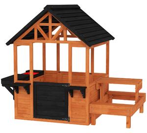 AIYAPLAY Wooden Playhouse Playhouse for Kids with Table, Benches, Sink Table, Windows, Flowerpot Holders, for Ages 3-8, Brown