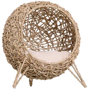 PawHut Wicker Cat Bed, Ball-Shaped Rattan Elevated Cat Basket with Three Tripod Legs, Cushion, Natural Wood Finish