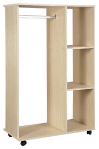 HOMCOM Open Wardrobe on Wheels, Bedroom Wardrobe with Clothes Hanging Rail, 3 Storage Shelves, Mobile Garment Rack for Cloakroom, Hallway, Maple Wood-Effect