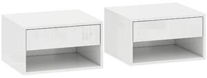 HOMCOM Set of Two Floating Bedside Tables, Wall Mounted Nightstand with Drawer and Open Shelf, High Gloss White