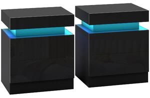 HOMCOM Black Bedside Table with LED Light, High Gloss Front Nightstand with 2 Drawers, for Living Room, Bedroom, Set of 2