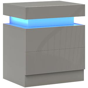 HOMCOM Grey Bedside Table with LED Light, High Gloss Front Nightstand with 2 Drawers, for Living Room, Bedroom