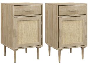 HOMCOM Bedside Tables Set of 2, Rattan Side Tables with Drawer, Cabinet and Adjustable Shelf, Boho Bedside Cabinets with Storage for Bedroom, Living Room, Natural Wood Finish