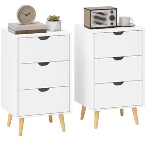 HOMCOM Set of 2 Bedside Tables, Modern Nightstand Side End Table with 3 Storage Drawers and Solid Pine Wood Legs for Bedroom Living Room Entryway, White