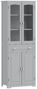 HOMCOM Freestanding Kitchen Cupboard, Storage Cabinet with 2 Adjustable Shelves, Drawer and Glass Door for Living Room, Grey