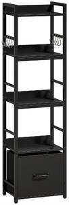 HOMCOM 4-Tier Bookshelf, Narrow Bookcase with Drawer, 8 Hooks, Metal Frame, Black