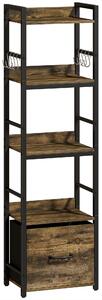 HOMCOM 4-Tier Bookshelf, Narrow Bookcase with Drawer, 8 Hooks, Metal Frame, Rustic Brown