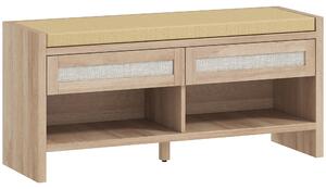 HOMCOM Boho Shoe Bench with 2 Rattan Drawers, Shoe Storage Bench with Cushioned Seat and Open Shelf Oak Wood Effect