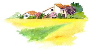 Illustration Rural house and yellow field in, zzorik, (40 x 24.6 cm)