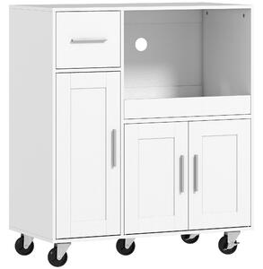 HOMCOM Rolling Kitchen Cart, Microwave Cabinet with Sliding Tray, Drawer, 3-Door Cupboards, Adjustable Shelf, White