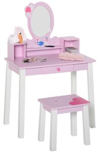 HOMCOM 2 PCS Kids Wooden Dressing Table and Stool Girls Vanity Table Makeup Table Set with Mirror Drawers Role Play for Toddlers 3 Year+, Pink White