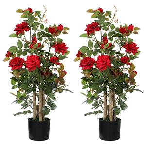 HOMCOM 90cm Artificial Rose Tree Set of 2, Decorative Fake Plant with 344 Silk Leaves 17 Flowers for Outdoor Indoor Decor, Red