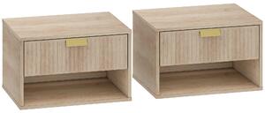 HOMCOM Set of 2 Wall Mounted Nightstands, Floating Bedside Tables with Fluted Drawer and Open Shelf for Small Bedroom, Oak